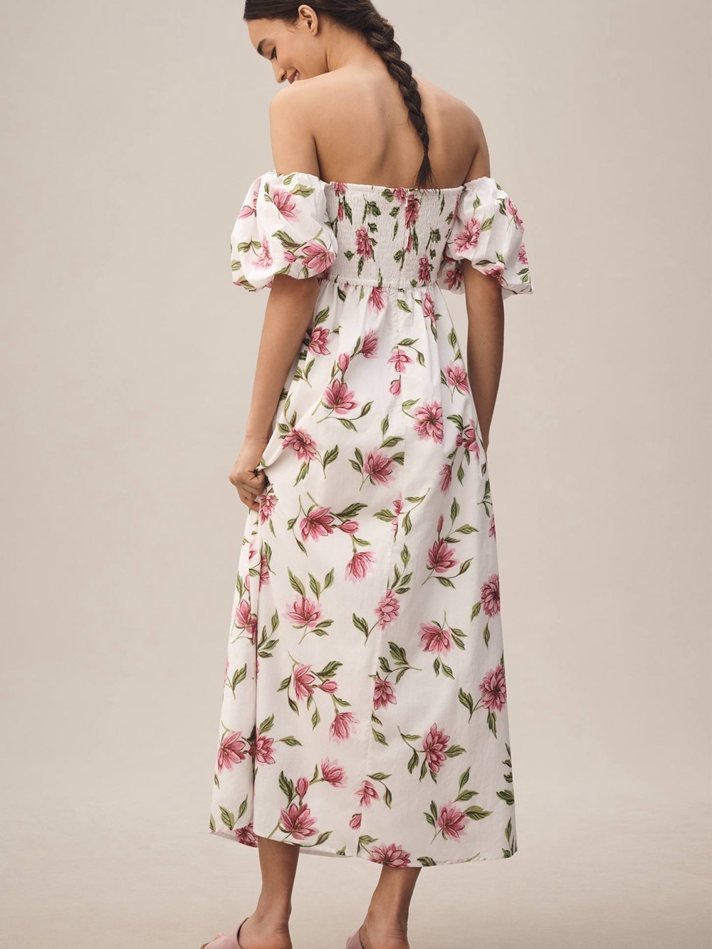 Anthropologie Off-Shoulder White Floral Dress with Pink Blooms - NWT - Picture 2 of 13
